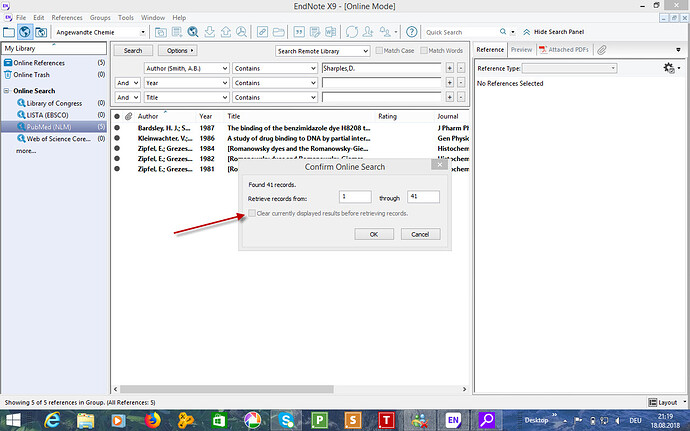 Giao diện tìm kiếm trực tuyến của EndNote hiển thị kết quả tìm kiếm từ PubMed