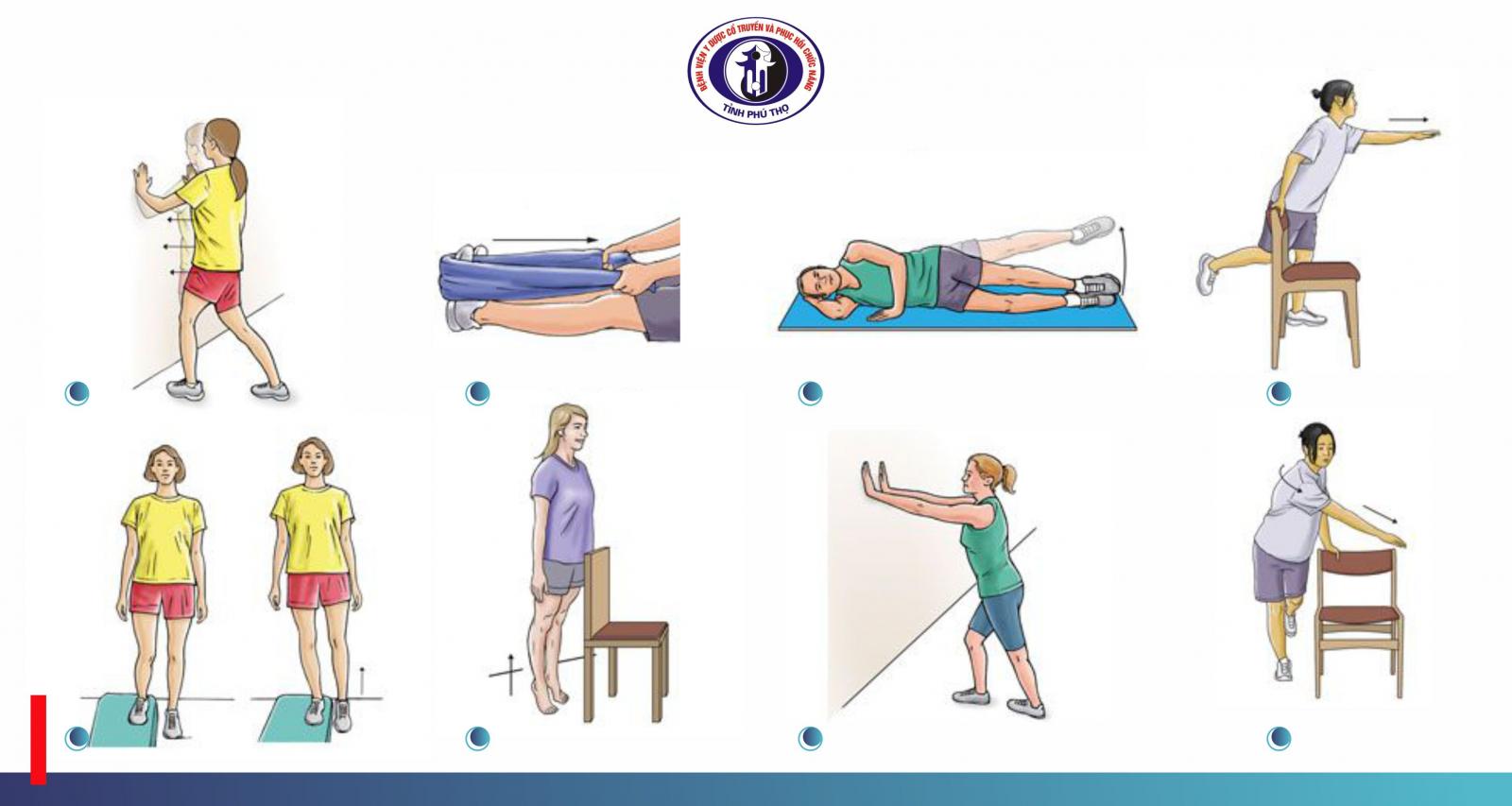 Hình ảnh minh họa các bài tập kéo giãn gân gót Achilles bao gồm cả bài tập đứng đối diện tường và nghiêng người về phía trước